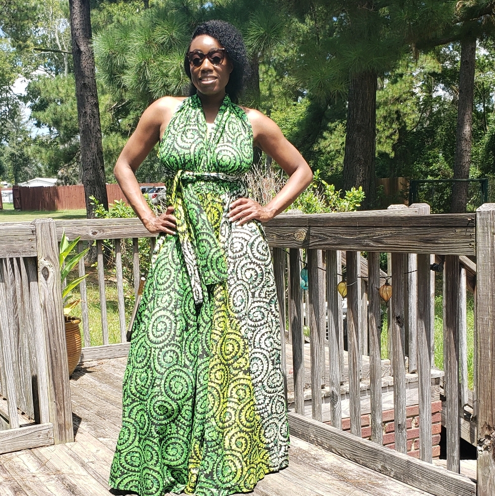 Elegant Green  Ankara Swirl  Print Haulter Back Maxi Dress